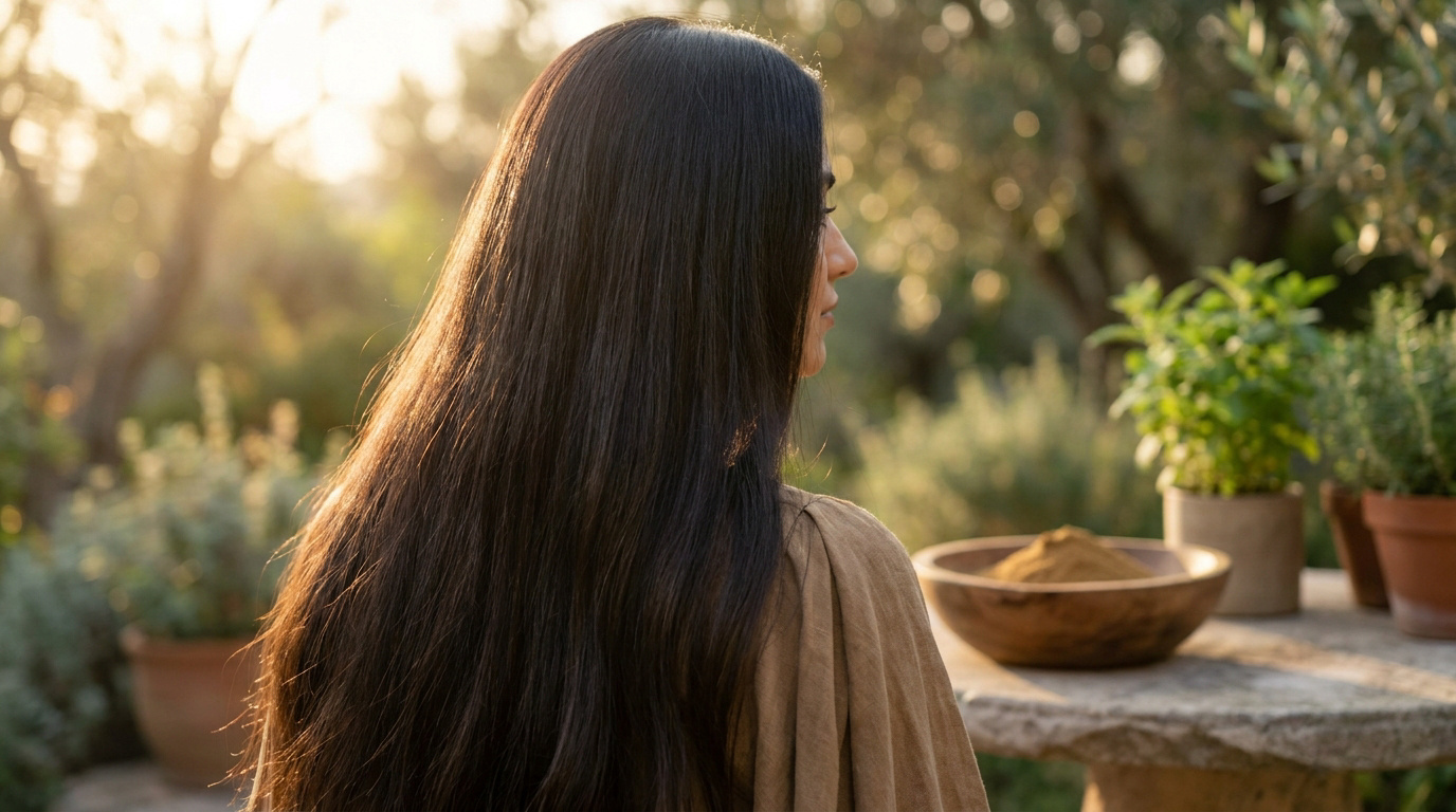 Une femme aux longs cheveux bruns de dos, avec un bol de poudre de shikakai sur une table en extérieur.